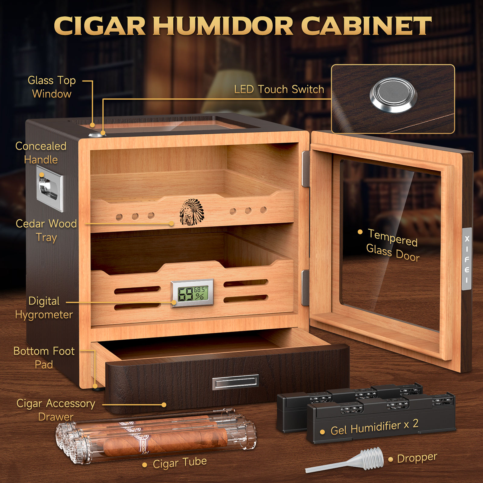 Cigar Humidor Cabinet,LED Ligh - Home Fragrance Maple Walnut reseña y precio